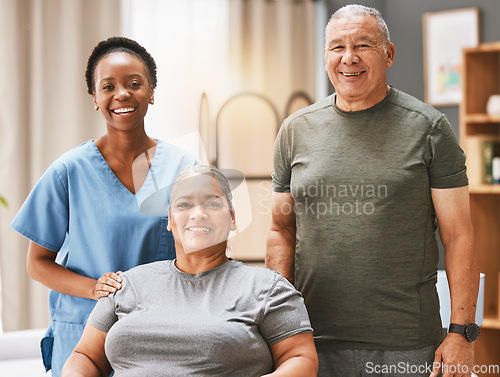 Image of Healthcare, portrait and caregiver with senior couple for medical support, elderly care and patient rehabilitation. Disability, charity and African volunteer nurse at nursing home for physiotherapy