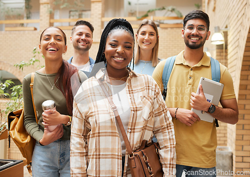 Image of Group portrait, students and friends at university getting ready for learning. Education, scholarship or happy people standing together at school, campus or college bonding and preparing for studying