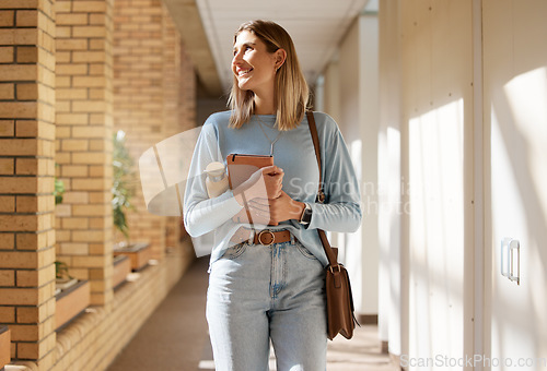 Image of Education, learning and woman with smile for college, thinking and studying for future on campus. University, happy and student with an idea for higher education at an academy on a study scholarship