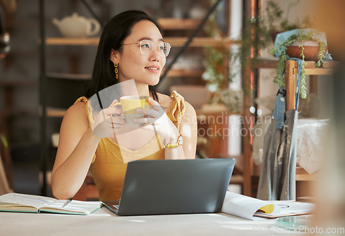 Image of Startup, Asian or business woman with coffee thinking and daydreaming for networking strategy or blog content search. Focus, tea or girl with laptop looking out window for creative social media idea