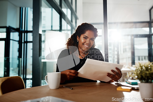 Image of Office documents, portrait and black woman reading feedback review of financial portfolio. research report or info, Paperwork, files folder and happy employee with summary of business savings budget