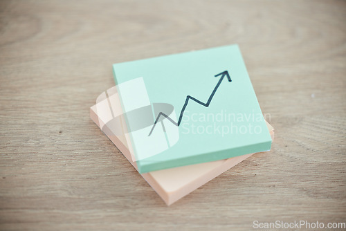 Image of Growth, investment and success with arrow on sticky note for finance, stocks and goal. Price increase, target and profit with progress on graphic chart on paper for winner, statistics and economy