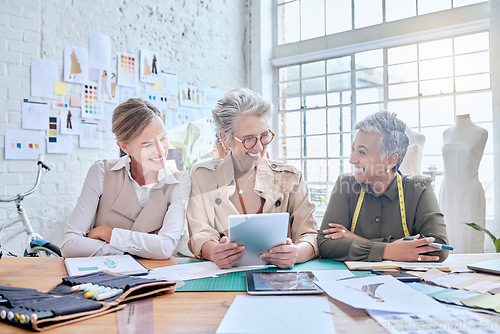 Image of Design, teamwork and office meeting of a fashion web marketing group happy about success. Ecommerce, designer sales and diversity of people planning a online shopping strategy with smile from retail