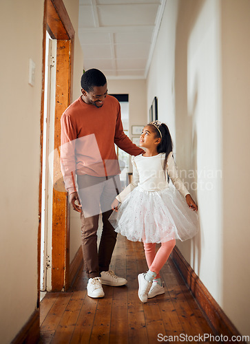 Image of Family, princess and father with daughter in their home for dance, fun and playing indoors together. Black man, girl and parent bonding while dancing to music in their house, happy and smile