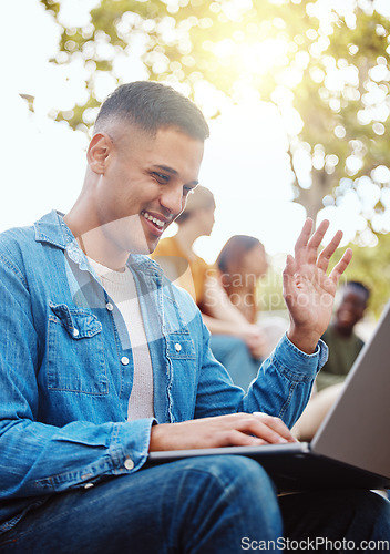 Image of Education question, video call and student with laptop in campus for learning, studying or knowledge. College, university questions and happy man raising hand in online class with computer outdoors.