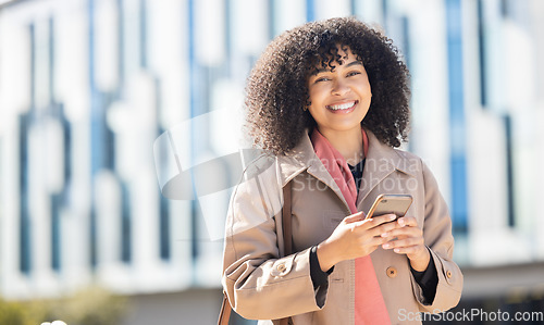 Image of Portrait, travel or black woman on phone for networking, social media or communication in London street. Search, happy or manager with smartphone for research, internet or blog content review outdoor