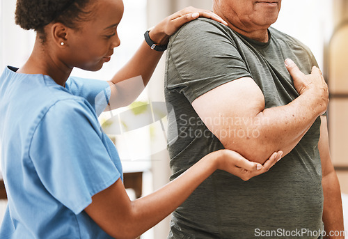 Image of Physiotherapist consulting senior man in physical therapy for muscle, arthritis and stretching exercise, exam or massage. Physiotherapy, chiropractor and healthcare rehabilitation support for client