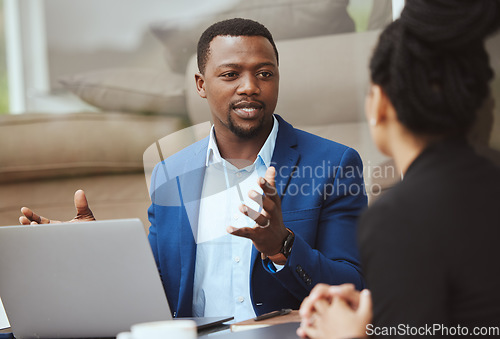 Image of Laptop, meeting and financial advisor with a business black man and woman client talking portfolio growth. Computer, finance and accounting with a male and female employee working on investment