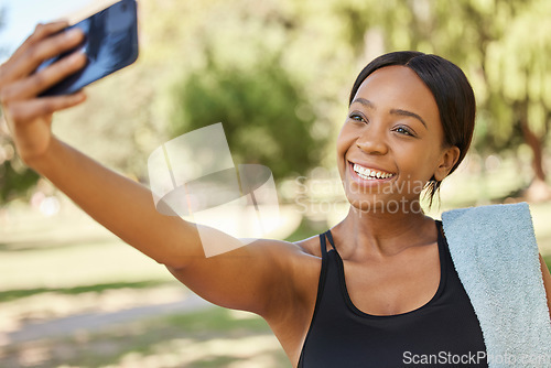 Image of Fitness, phone selfie and black woman in park for workout, exercise and healthy lifestyle. Happy female, sports influencer and athlete taking mobile photograph for social media, wellness and goals
