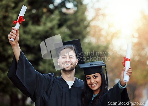 Image of Education, graduation and celebration, portrait of couple with certificate in garden university campus with smile. Friends, scholarship students and success, young man and woman graduate from college