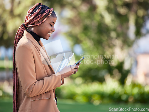 Image of Phone, scholarship student and black woman at park on social media, researching or texting. Technology, education and happy female with books on 5g mobile smartphone for learning schedule outdoors