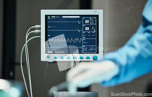 Image of Electrocardiogram monitor, hands of doctor with scalpel for surgery, healthcare or medical support. Zoom, screen or nurse hand in theater for trust, insurance or surgeon in hospital operation room