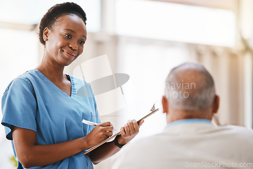 Image of Consulting, medical and checklist with old man and nurse for retirement, rehabilitation or physical therapy. Help, empathy and healing with patient and black woman in nursing home for healthcare exam