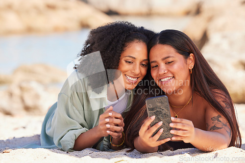 Image of Friends, smartphone selfie and beach happiness together for summer holiday, travel vacation or quality time bonding. Women, smile and phone photography memories or ocean sea adventure in sunshine