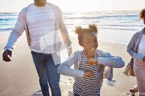 Image of Black family, beach and father walking, kids playing and enjoy fun outdoor quality time together on Jamaica vacation. Ocean sea water, freedom peace and young youth children running on nature sand