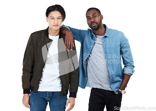 Image of Two young men, studio portrait and friends at college for confidence, motivation or goals by white background. Isolated gen z students, black man and asian man with support, diversity and solidarity