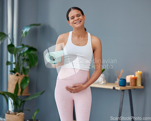 Image of Portrait, pregnancy or pregnant woman ready for yoga exercise or fitness workout for wellness in house living room. Start, maternity or healthy mother to be with a calm happy smile training at home