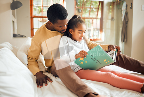 Image of Black family, reading book and learning while on a bed for story time in house bedroom. Man or dad teaching girl child to read language, fantasy and development in happy home with love and support