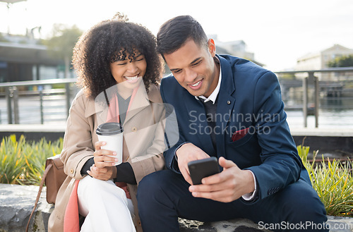 Image of Man, woman or corporate friends with phone for funny meme, comic moment or social network on break. Business people, businessman and smartphone for social media, app or online comedy video in metro