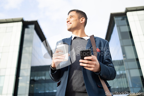 Image of Businessman at office building with phone, coffee and bag, happy waiting for online taxi service after work. City, business and success, man with smile and 5g smartphone standing outside workplace.