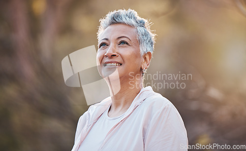 Image of Senior woman, nature and thinking while outdoor for freedom, happiness and a healthy lifestyle with fitness and fresh air. Face of happy black female at park for peace, health and wellness in summer