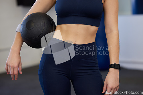 Image of Fitness, ball and slim woman in the gym for a wellness, health and strength workout or training. Sports, healthy and closeup of a female model body with sport equipment for exercise in a gymnasium.