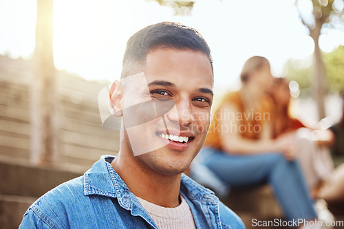 Image of Portrait, black man and student on campus, college and relax on break, smile and casual. Jamaican male, guy and academic on university, confident and trendy with happiness, education and studying
