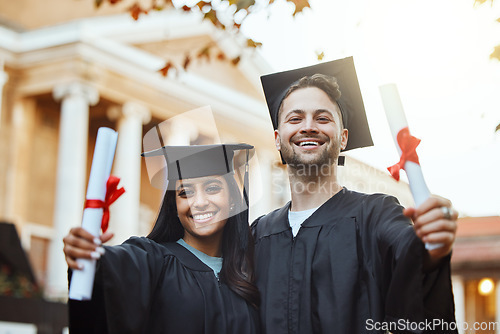 Image of Education, graduation and celebration, portrait of students with certificate in outside university campus with smile. Friends, scholarship students and success, happy couple graduate from law school.