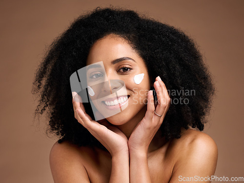 Image of Beauty, sunscreen and face of African woman in studio for facial, skincare and cosmetics promotion of wellness product. Black woman model with skin care, dermatology or cream application in portrait