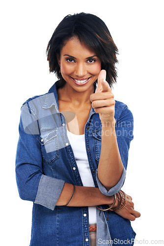 Image of Happy, smile and portrait of black woman pointing a finger for motivation, pride and confidence on white background in studio. Content, excited and model with hand gesture, positivity and empowerment