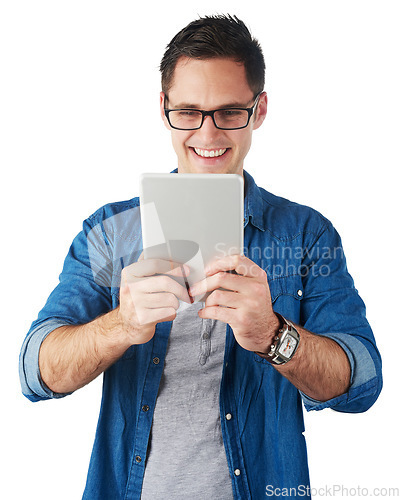 Image of Studio, tablet and business man with glasses reading news, online website or social media isolated on white background. Digital technology, software and email marketing of employee, worker or user