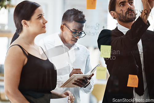 Image of Business people, planning and brainstorming by glass board at office meeting with woman, businessman and writing. Corporate group, sticky note and coaching for strategy, vision and financial goals