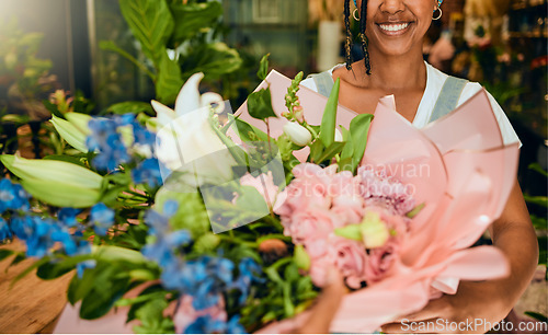 Image of Bouquet, happy and woman shopping for flowers at a shop for spring, gift or gardening. Floral, entrepreneurship and florist with smile for plants, nature and ecology at an eco friendly small business