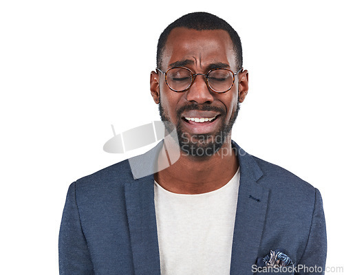 Image of Business, black man and upset for financial crisis, stock market crash and guy isolated on white studio background. African American male, employee and consultant with depression, stress and crying