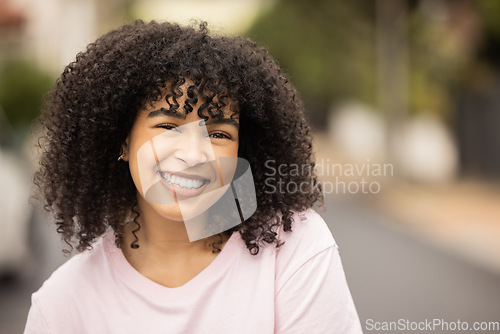 Image of Black woman, smile and portrait of a young person happy in a urban city street with mockup. Happiness, freedom and excited face of a female in summer ready for travel smiling with mock up space