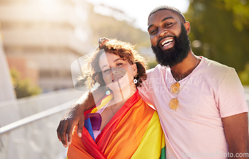 Image of Happy couple, friends and portrait smile for gay, bisexual or LGBTQ pride with rainbow flag in a city. Proud man and woman smiling in support for lesbian, homosexual or transgender community in town