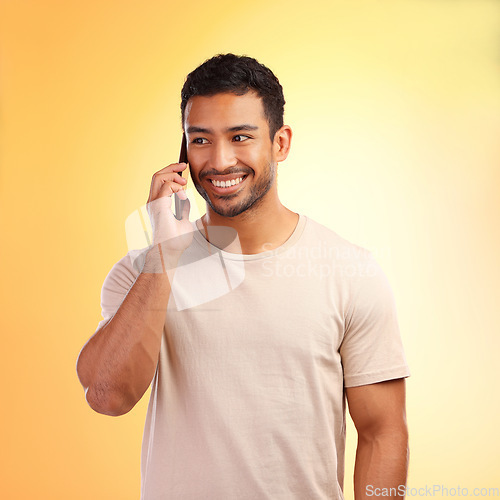 Image of Man, studio and happy phone call conversation, listening and smile for information, news and networking. Model, smartphone communication and talking on mobile network, using phone and connection