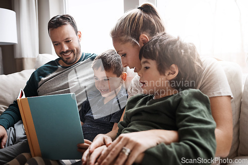 Image of Relax, children and parents reading a book for bonding, fun and quality time. Knowledge, information and boys excited about learning a story together on the lounge sofa with their mother and father