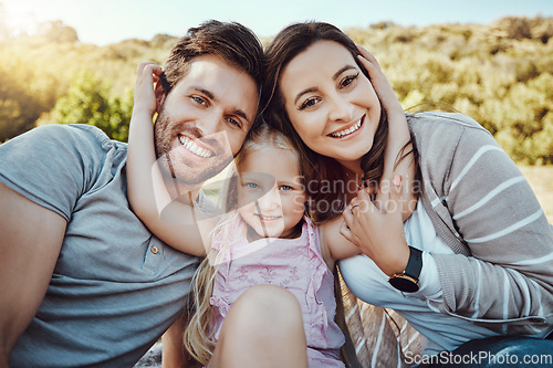 Image of Portrait of mother, father and girl at park enjoying quality time in holiday, weekend and vacation together. Family, love and happy child with parents smile for bonding, relax and adventure in summer