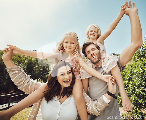 Image of Portrait, parents carry girls and in nature, quality time and bonding on weekend, happiness or playful. Love, mother and father with daughters on shoulder, outdoor or family on break, relax or loving