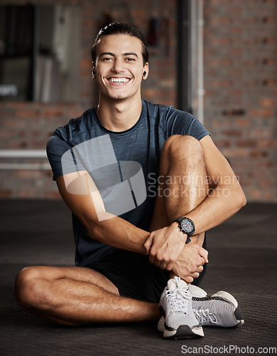 Image of Man, happy portrait and relax fitness in gym for exercise workout, training break and sports wellness mindset. Happy athlete, personal trainer rest and happiness for cardio lifestyle in health club