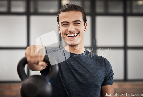 Image of Gym, fitness and hands with kettlebell for training strong arms, powerful bicep muscles or body strength exercises for balance. Sports, athlete or happy man with weight for bodybuilder workout in gym