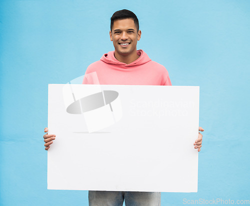 Image of Happy man, portrait or blank mock up on poster branding, fashion advertising billboard or wall background paper. Smile, person or model with mockup banner for style, trendy or cool clothes marketing