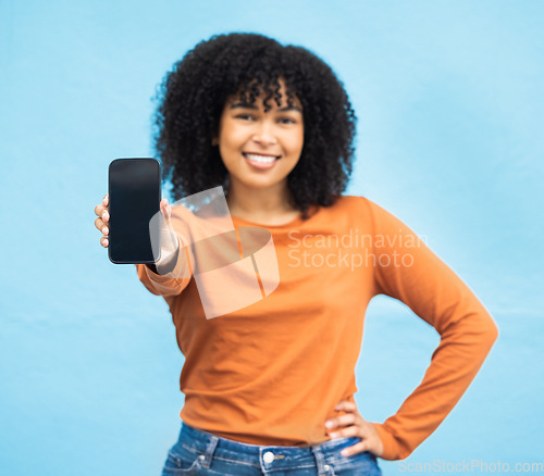 Image of Black woman, hand or portrait of phone screen mockup on isolated blue background in social media app or web design. Smile, happy person or student on technology mock up, city contact or communication