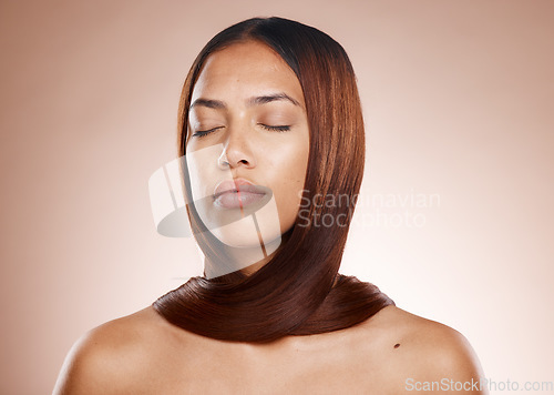 Image of Hair, hair care and woman with beauty mockup, cosmetic treatment with face and skincare against studio background. Natural cosmetics, keratin treatment and Brazilian with shine and glow with wellness