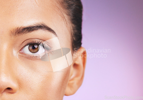 Image of Eye zoom, beauty and woman with face and mockup for cosmetic care, microblading and lashes. Natural cosmetics, eye care and facial with skincare, contact lens and vision against studio background