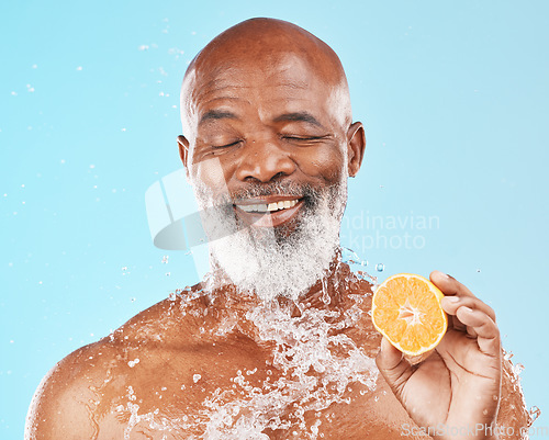Image of Lemon, water splash and senior man for skincare health, vegan product or cosmetics advertising, marketing or promotion mockup. Beauty african model, shower product and vitamin c, fruit juice benefits