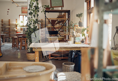 Image of Interior, pottery and workshop of small business in ceramic arts, crafts or creative studio of startup business. Empty work station of a artistic room for clay crafting, paint or molding classroom