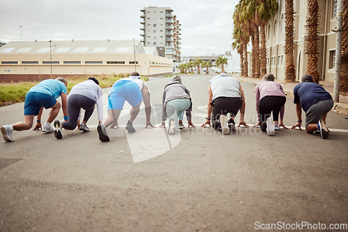 Image of Start, fitness or people in marathon race with performance goals in body workout or runners exercise. Motivation, back view or healthy group of sports athletes ready for running contest on city road