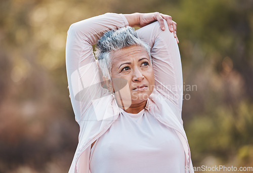 Image of Fitness, stretching or old woman in nature thinking of body goals starts training, exercise or workout in New Zealand. Wellness, relax or healthy senior person with motivation, resilience or vision